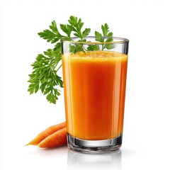 A glass of carrot juice with carrots and parsley on white background