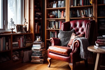 Cozy reading nook with a comfy chair and shelves filled with books.