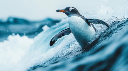 Fototapeta premium A penguin is depicted riding a wave in the ocean, created with generative ai, as part of Frostbound Surf, presented in illustration form