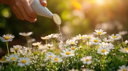 Watering Wealth Golden Coin Blooms in Sunset Garden.