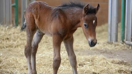 Fototapeta premium Curious Foal Standing in Straw-Filled Barn