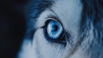 Close-up of a husky's piercing blue eye, set against its white and gray fur