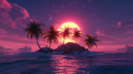 Fototapeta premium Tropical island sunset, calm ocean, starry sky, digital art, travel poster