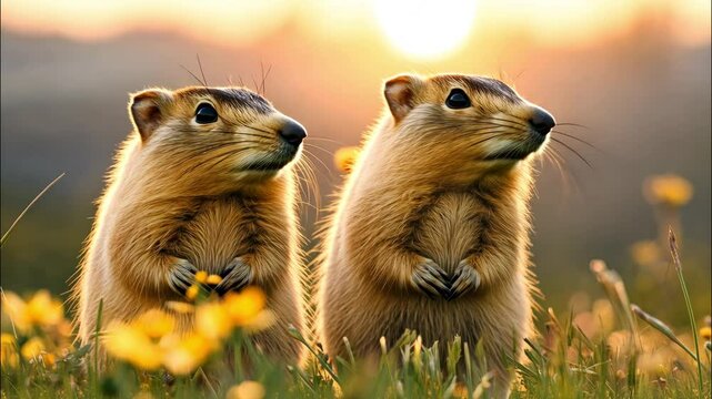 Two prairie sitting close watching with wide-eyed curiosity. 
