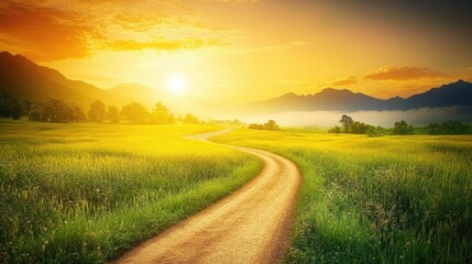 Fototapeta premium Golden Hour Road Winding Path to Mountain Sunset.