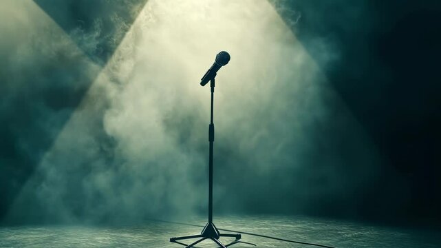 Back view of young female singer with microphone performing live on stage in front of excited audience, bright spotlights illuminating scene