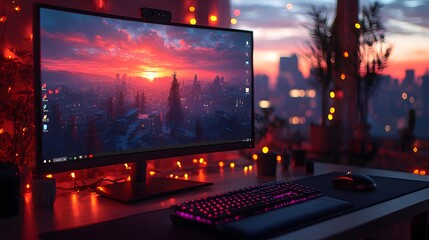 Computer setup with glowing keyboard, mouse, and sunset city background displayed on screen, desktop gaming station on a transparent background, PNG image, PNG file.