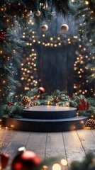 A stunning podium with sparkling lights, lush greenery, and festive decor sets a warm, inviting scene for a holiday product exhibition this Christmas season