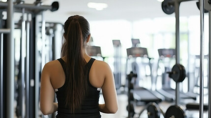 Fototapeta premium Rear view of a young woman with long dark ponytail wearing a black sports outfit standing inside a modern gym with various cardio and weight machines visible