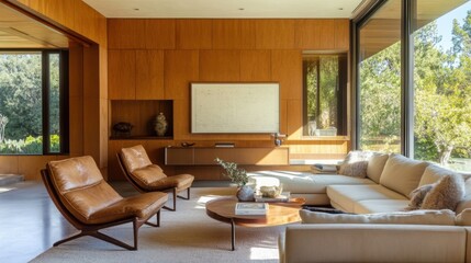 Living room with brown leather chair, beige sofa, and wooden wall panels