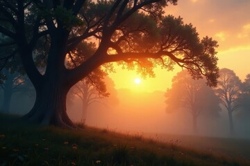 Ethereal dawn mist shrouds ancient trees, sunlight filtering through , dew, mystical