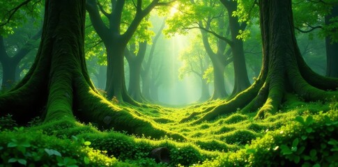 Emerald moss carpet, ancient trees, dappled sunlight, organic, undergrowth