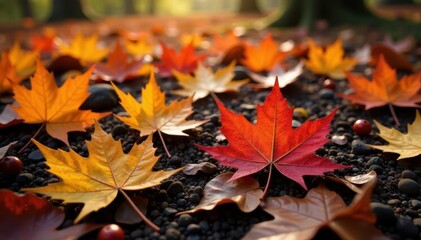 Crisp brown & orange maple leaves scattered on earth , fall, leaf
