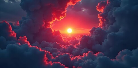 Crimson sun dips below tumultuous clouds, heavenly spectacle , storm clouds, color