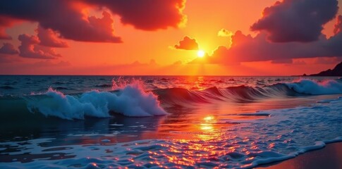 Crimson and gold sunrise, sun's rays illuminate ocean waves, majestic, beach