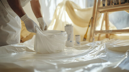 Painter Preparing Canvas with Primer in a Studio