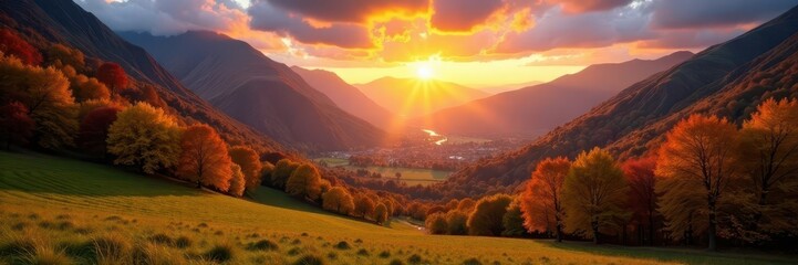 Warm sunset casts long shadows across Buttermere valley, vibrant autumn foliage , photo, golden hour