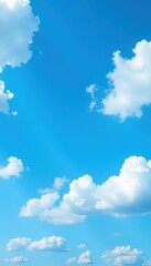 Vivid blue sky, scattered puffy white clouds, bright sunlight, outdoor, fluffy, serene