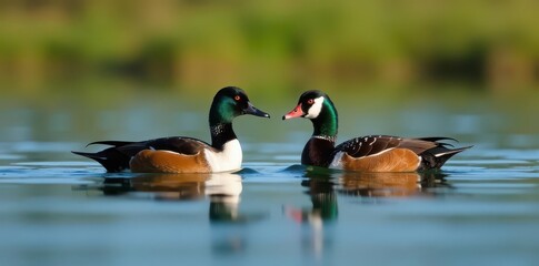 Two spot-billed ducks glide on calm lake water, Anas poecilorhyncha, plumage