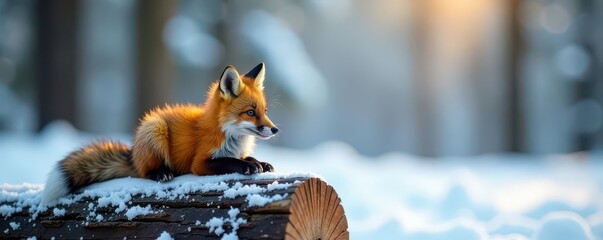 Tiny fox resting on log, snowy forest backdrop , orange, white, forest