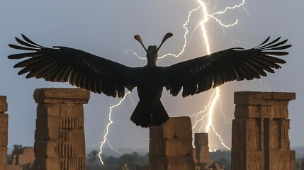 Majestic shoebill soaring over ancient ruins during a thunderstorm lightning flashing behind its silhouette