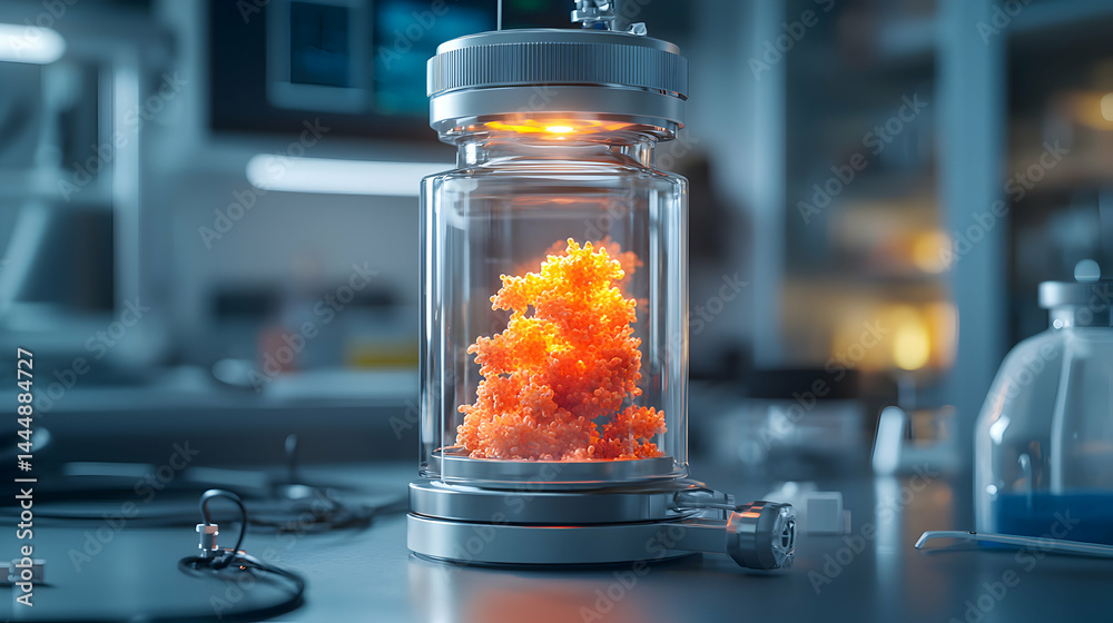 Fototapete a laboratory setting features a glowing glass container holding an orange organic structure. it sugg