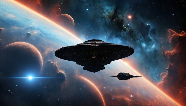 Alien spacecraft navigates a vibrant nebula, encircled by planets.  A dark, disc-shaped vessel leads a smaller, more streamlined craft through cosmic expanse.  