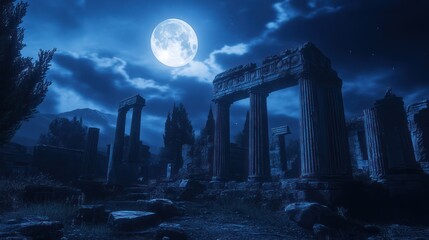 Naklejka premium Moonlit ancient ruins at night, scenic background, historical travel