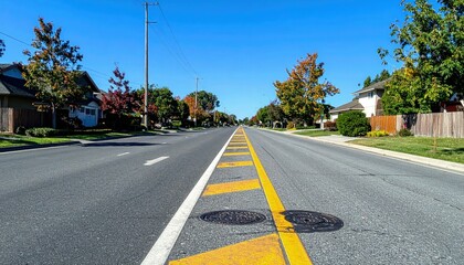 Peaceful suburban street with speed bumps and safe school zone markings, sunny atmosphere