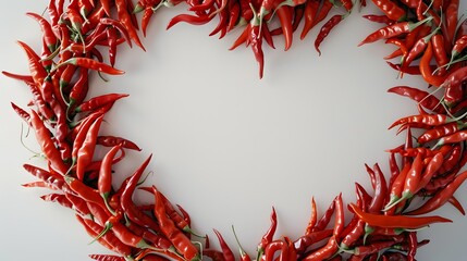 Naklejka premium Red chili peppers arranged in a heart-shaped frame on a white surface.