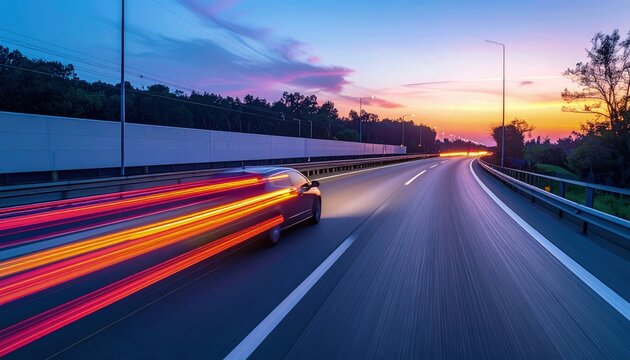 Motion blur of a car driving safely on a well-lit highway at dusk, dynamic yet calm