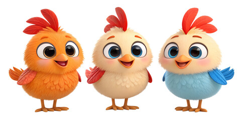 Fototapeta premium Three Smiling Baby Chicken Characters with Red Combs - Cute Animated Style Illustration