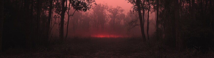Naklejka premium Eerie red forest scene with fog and trees.