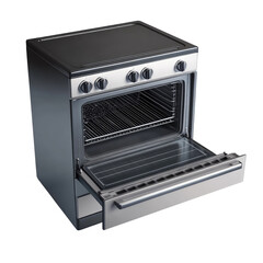 Modern gas stove with open oven.  Interior view showing racks