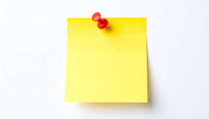 yellow sticky post it note with red pushpin isolated on white.