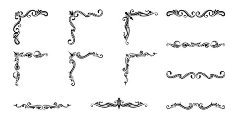 Decorative corners frames. Vintage corners frames, decorative divider elements. Divider ornament. Text dividers. Wedding design elements. Hand drawn vector illustration