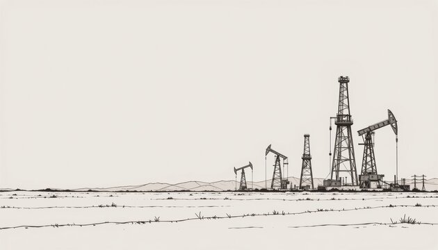 Industrial oil rigs in a minimalist landscape illustration.