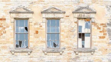 Broken Windows Abandoned Stone Building Facade.