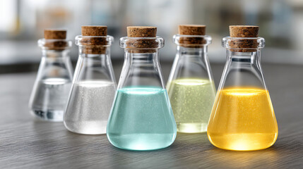 Five glass flasks with cork stoppers containing glowing colorful liquids in blue, yellow, and clear shades are arranged on wooden surface, creating bright and scientific atmosphere