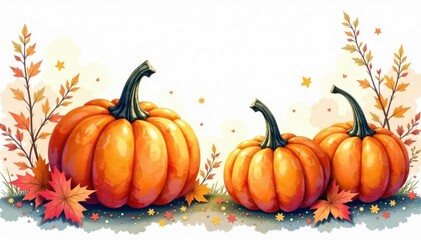 Vibrant pumpkins, autumn leaves, watercolor wash , october, autumn, seasonal