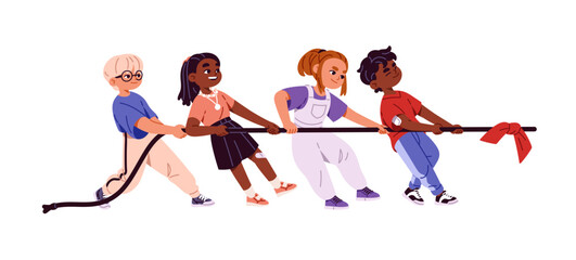 Kids team is tug of war in teamwork. Group of diverse girls and boys pulls rope in competition. Happy children contest, efforts, works together. Flat isolated vector illustration on white background