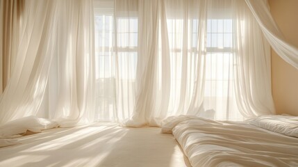 Soft light streams through sheer curtains