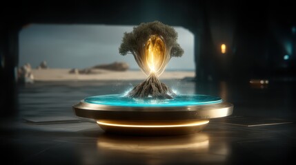 Surreal Cosmic Scene Featuring a Growing Tree and Celestial Elements in a Mystical Setting