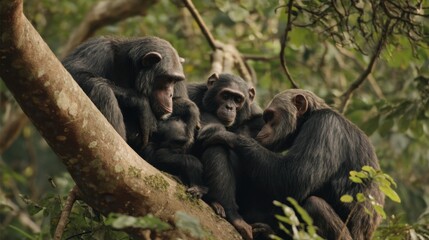 Obraz premium Chimpanzee Family Gathering in Lush Jungle Canopy
