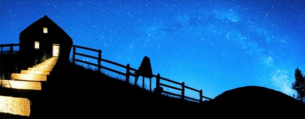 Serene Night Sky Over a Cosy House with Illuminated Steps Leading to the Milky Way in a Stunning Double Exposure Landscape
