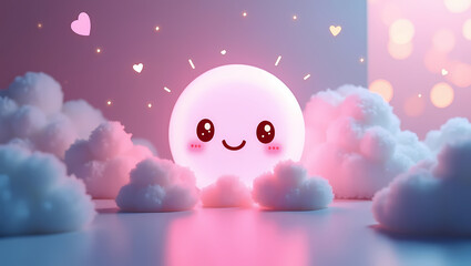 Cute Cartoon Moon in a Pastel Sky Filled with Clouds