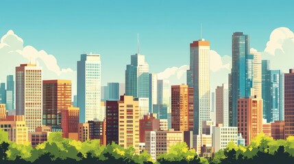 Obraz premium Vibrant Cityscape Featuring Modern Skyscrapers Under Bright Blue Sky with Fluffy Clouds and Lush Green Trees in the Foreground for Urban Theme Projects