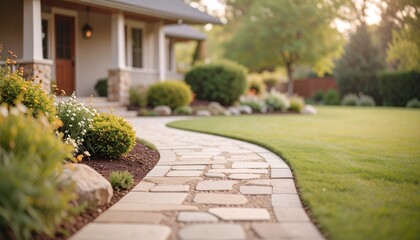 Obraz premium Stone path leads to country house with rich green lawn, Landscaping design with natural stones