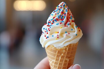 Closeup of a Vanilla Ice Cream Cone with Colorful Sprinkles - Photo