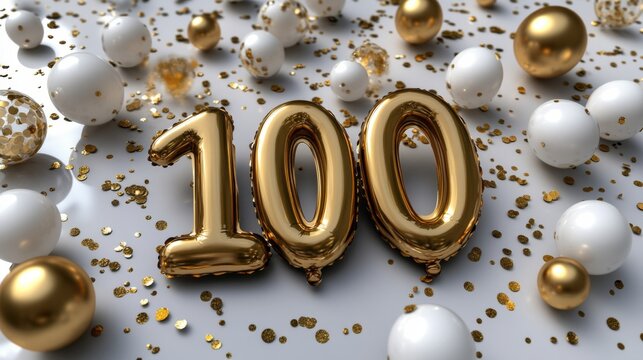Golden Number 100 Balloons With Festive Balloons and Confetti. Celebration Decoration